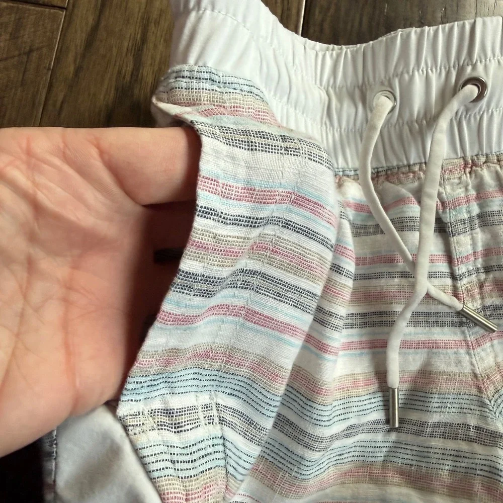 Athleta Womens Striped Linen Shorts Size 0 Multicolor Drawstring Dolphin Hem 3in